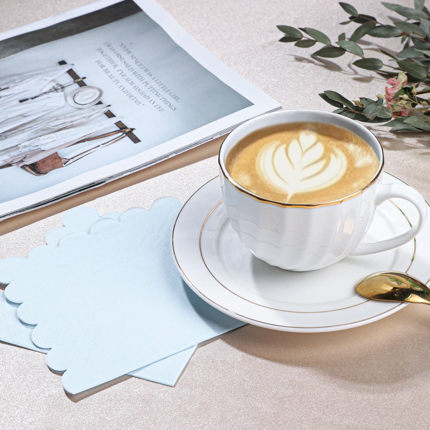 100 Pcs Light Blue Napkins Scalloped Edged Dessert Cocktail Napkins Folded 5 x 5 Inches Disposable Napkins for Dinner Wedding Birthday Party