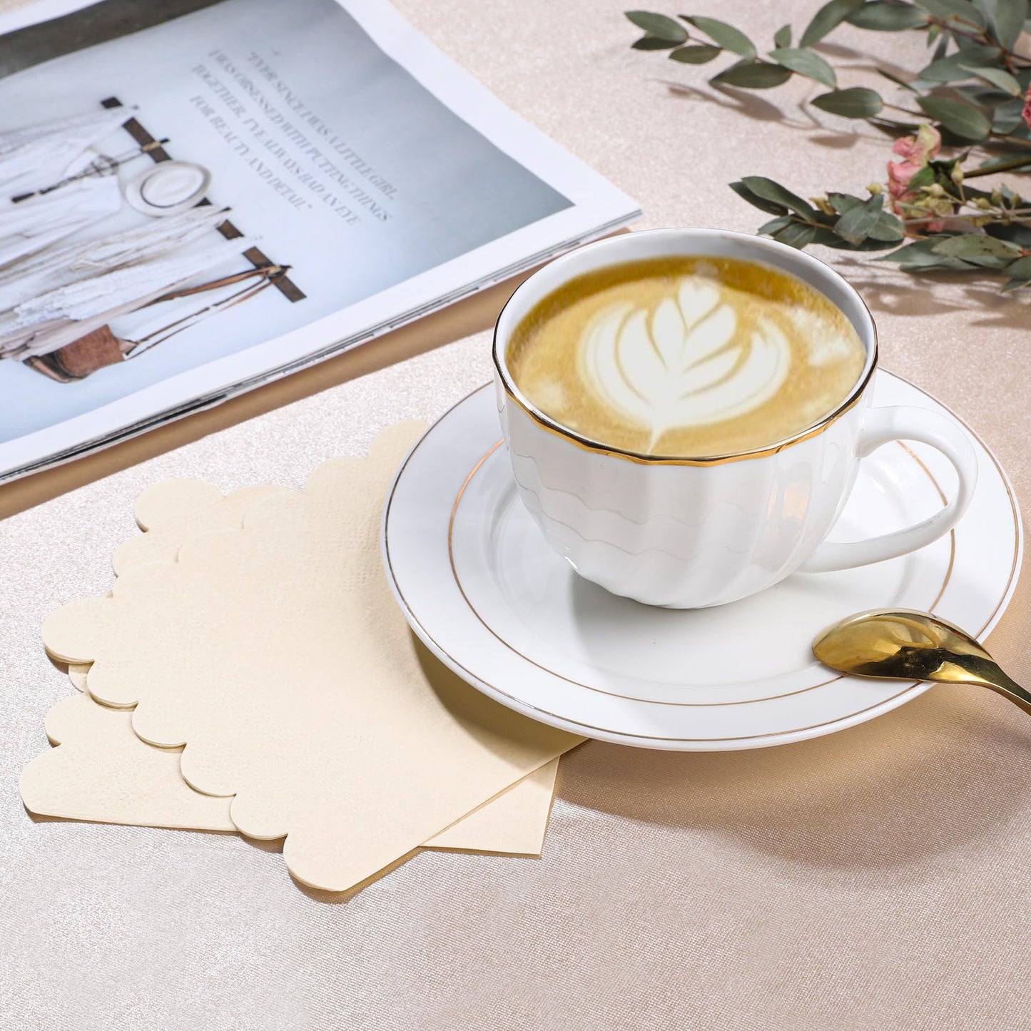 100 Pcs Milky White Napkins Scalloped Edged Dessert Cocktail Napkins Folded 5 x 5 Inches Disposable Napkins for Dinner Wedding Birthday Party