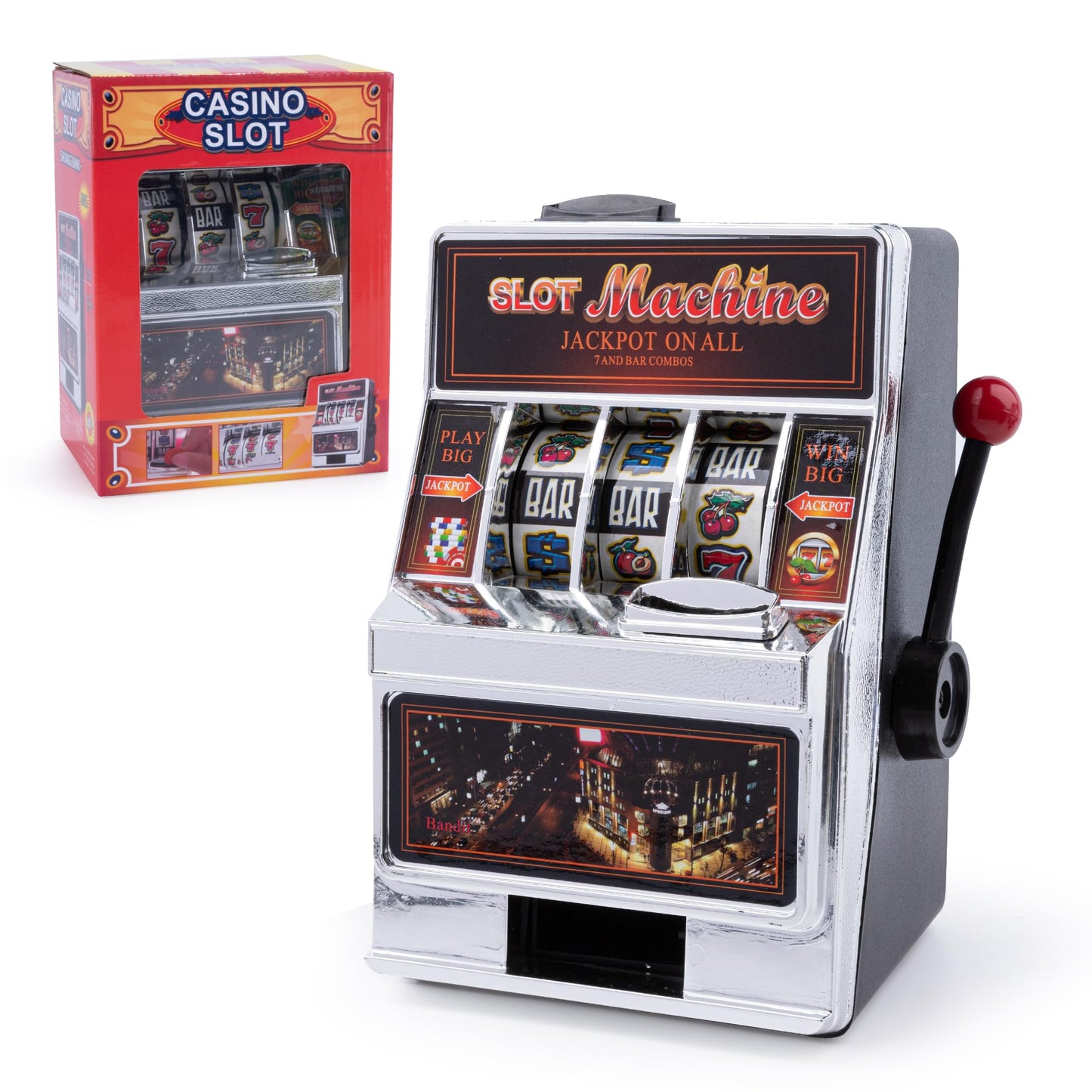 Slot Machine(4.8 * 6.8 inch) Lucky Sevens Family Slot Machines for Adults Without Win Sound Desktop Casino Games Toy & Practical Coin Piggy Bank for Adults - 1 Pack